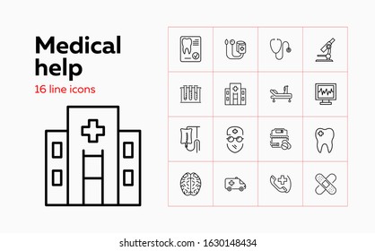 Medical help line icon set. Ambulance, dentist, brain. Medicine concept. Can be used for topics like lab test, emergency, diagnosis