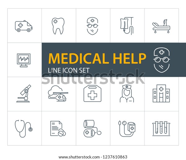Medical help line icon set. Doctor, hospital,\
stethoscope. Medicine concept. Can be used for topics like\
ambulance, emergency, health\
care