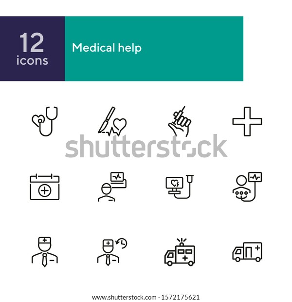 Medical help line icon set. Stethoscope,\
injection, doctor, ambulance. Medicine concept. Can be used for\
topics like hospital, first aid,\
emergency