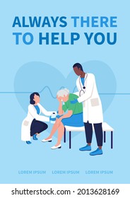 Medical help poster flat vector template. Always there to help you. Brochure, booklet one page concept design with cartoon characters. Elderly woman crying at hospital flyer, leaflet with copy space