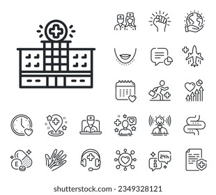 Medical help sign. Online doctor, patient and medicine outline icons. Hospital building line icon. Hospital building line sign. Veins, nerves and cosmetic procedure icon. Intestine. Vector