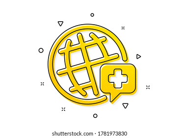 Medical help sign. World medicine icon. Pharmacy medication symbol. Yellow circles pattern. Classic world medicine icon. Geometric elements. Vector