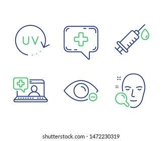 Medical help, Medical syringe and Myopia line icons set. Uv protection, Face search signs. Medicine laptop, Vaccination, Eye vision. Skin cream. Healthcare set. Line medical help outline icons. Vector