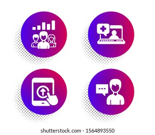 Medical help, Teamwork results and Swipe up icons simple set. Halftone dots button. Person talk sign. Medicine laptop, Group work, Scrolling screen. Communication message. People set. Vector
