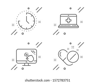 Medical help, Time and Touch screen line icons set. Medical pills sign. Medicine laptop, Clock, Web support. Drugs. Science set. Line medical help outline icon. Vector