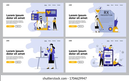 Medical help or treatment set. Patient consulting doctor online, RX prescription, lab research. Flat vector illustrations. Medicine, healthcare concept for banner, website design or landing web page