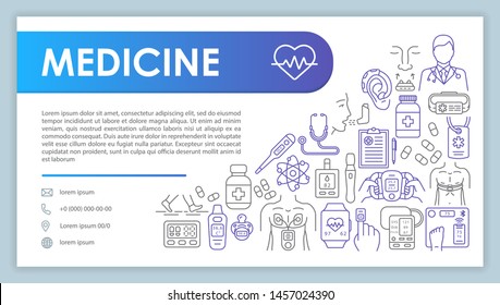 Medical help web banner, business card vector template. Pharmaceutical company contact page with phone, email linear icons. Presentation, web page idea. Hospital corporate print design layout