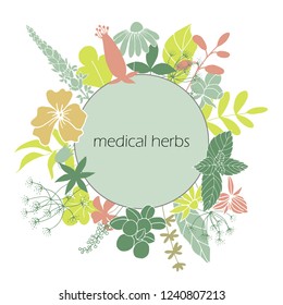 medical herb wreath, vector illustration, lettering