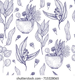 Medical herbs seamless pattern with sketch engraved spices and herbs. Plant and herbal design for wallpapers, site background, promotion