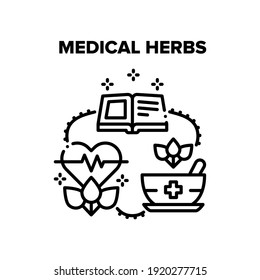 Concepto de ícono de vectores de hierbas medicinales. Medicina Alternativa Con Hierbas Médicas Y Libro Para Estudiar Y Educar Planta Para La Salud Y El Tratamiento Humanos. Preparación de Medicamentos Naturales Ilustración Negra