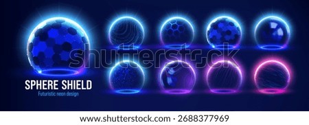 Medical hexagon shield and protective sphere with a 3D energy dome and force field for safety. Glowing blue bubble and abstract glass barrier with a futuristic cyber aesthetic. Science and technology.