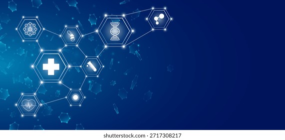 Diagrama hexagonal médico con hexágonos interconectados con iconos blancos de atención médica. Formación en salud digital para la presentación de medicina o biotecnología científica. Ilustración vectorial.