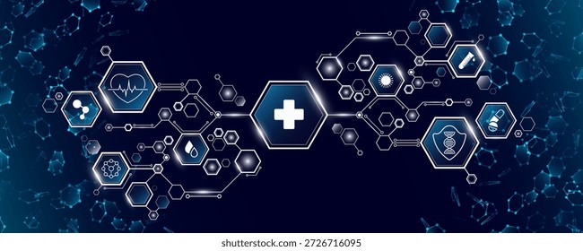 Hexagonales medizinisches Diagramm mit miteinander verbundenen Sechsecken mit weißen Gesundheitssymbolen. Digitaler medizinischer Hintergrund mit molekularen Sechsecken für die Medizin oder wissenschaftliche Präsentation. Vektor.