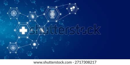 Medical hexagonal diagram featuring interconnected hexagons with white healthcare icons. Digital healthcare background for medicine or scientific biotech presentation. Vector illustration.