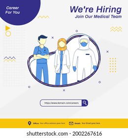 Medical hiring job recruitment social media post template. Landing page concept with hospital illustration and medical character or people on square layout design 