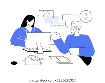 Medical history check abstract concept vector illustration. Family doctor checking medical history of elderly man, primary care physician, yearly check up, walk-in clinic abstract metaphor.