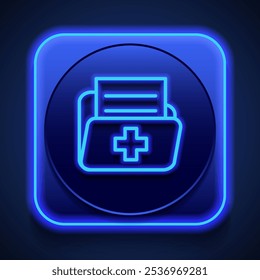 Medical history, folder simple icon vector. Flat design. Blue neon style on button. With shadow.ai