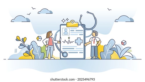 Medical history and health record paper for hospital doctor outline concept. Document with patient disease and treatment progress, diagnosis and illness vector illustration. Cardiology report data.