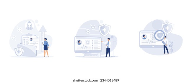 Medical history and health record paper for hospital doctor, E-health system for data and information collection. cardiogram and health indicators for monitoring. set flat vector modern illustration  