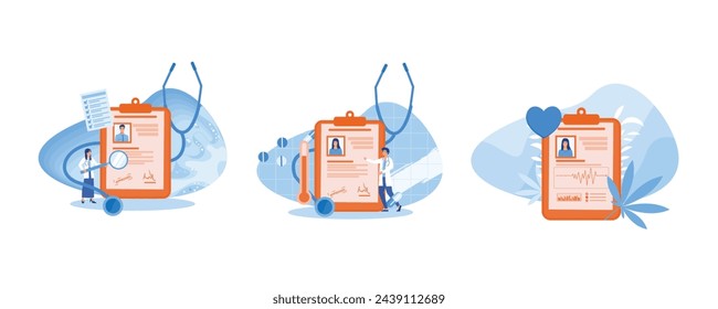 Medical history and health record paper for hospital doctor tiny person concept. E-health system for data and information collection. Concept of medical record. Set flat vector modern illustration