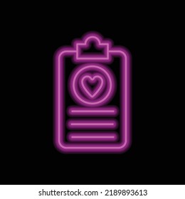 Medical history, heart simple icon vector. Flat design. Purple neon on black background.ai
