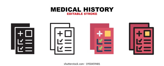 Medical History icon set with different styles. Icons designed in filled, outline, flat, glyph and line colored. Editable stroke and pixel perfect. Can be used for web, mobile, ui and more.