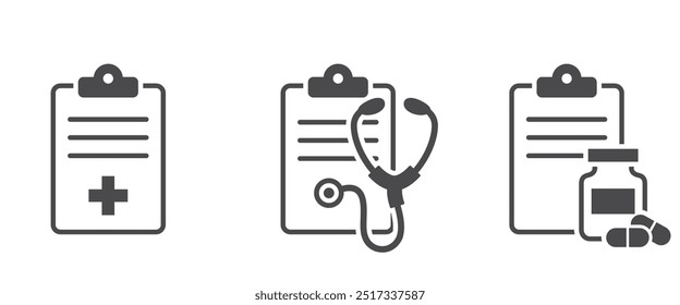 Medical history icons. Patient report card symbols. Isolated vector images for health design