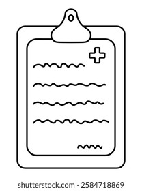 Medical history on a medical form. Sketch. Clipboard. Doctor's prescribed treatment plan on a sheet of paper. Vector illustration. Outline on an isolated background. Doodle style. Prescription form. 