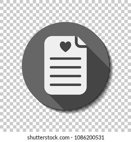 Medical history or report. Favourite text. Paper and heart. White flat icon with long shadow in circle on transparent background. Badge or sticker style