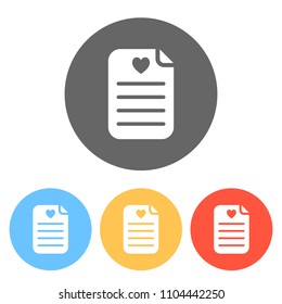 Medical history or report. Favourite text. Paper and heart. Set of white icons on colored circles