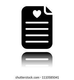 Medical history or report. Favourite text. Paper and heart. Black icon with mirror reflection on white background