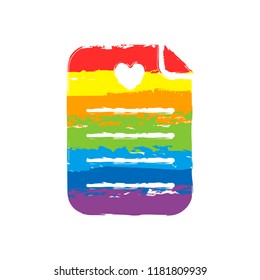 Medical history or report. Favourite text. Paper and heart. Drawing sign with LGBT style, seven colors of rainbow (red, orange, yellow, green, blue, indigo, violet