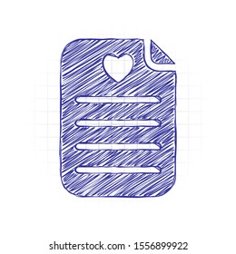 Medical history or report. Favourite text. Paper and heart. Hand drawn sketched picture with scribble fill. Blue ink. Doodle on white background