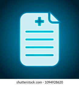 Medical history or report. Paper and medical cross. Neon style. Light decoration icon. Bright electric symbol
