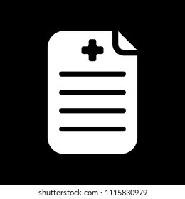 Medical history or report. Paper and medical cross. White icon on black background. Inversion
