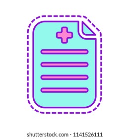 Medical history or report. Paper and medical cross. Colored sketch with dotted border on white background