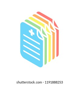 Medical history or report. Paper and medical cross. Stack of colorful isometric icons on white background