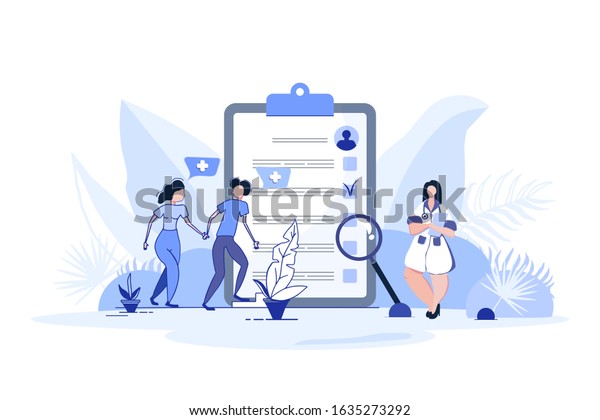 Medical history of two young people. Child\
planning. Medical record. Flat mini persons concept.Pregnant\
woman.Medical examination.Vector flat illustration.Doctor therapist\
work in cabinet at\
hospital.