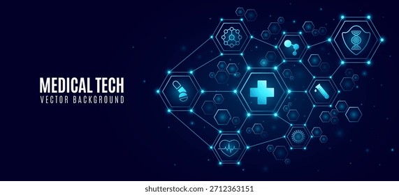 Medical hi-tech diagram featuring interconnected glowing hexagons with healthcare icons. Digital health background for medicine or scientific biotech presentation. Vector illustration.