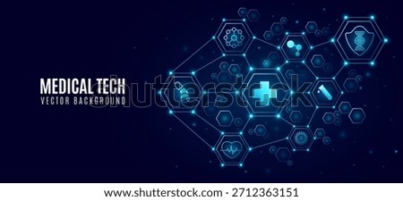 Medical hi-tech diagram featuring interconnected glowing hexagons with healthcare icons. Digital health background for medicine or scientific biotech presentation. Vector illustration.