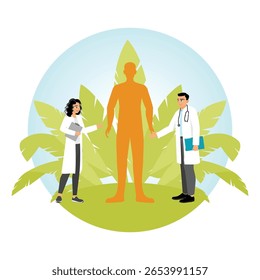 Profissionais holísticos médicos interagindo com uma figura que representa a saúde. Cercado por elementos naturais e uma atmosfera serena. Conceito de tratamento de saúde mental e física.