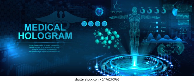 Medical Hologram With Body, Examination In HUD Style. Modern Healthcare Concept. Futuristic Examination With Hologram Human Body And Health Indicators. Sci 3D X-ray. Vector Illustration