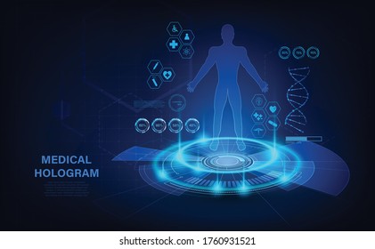 Medical hologram with body, examination in HUD style. modern Futuristic examination healthcare concept with hologram human body and health indicators.  x-ray.