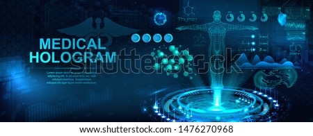Medical hologram with body, examination in HUD style. Modern healthcare concept. Futuristic examination with hologram human body and health indicators. Sci 3D x-ray. Vector illustration