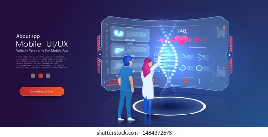 Medical hologram DNA laboratory interior. DNA nanotechnology biochemistry and human genome. Can use for web banner, infographics, hero images. Flat isometric vector illustration