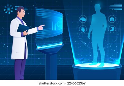 Escena holográfica médica. El médico es diagnosticado por tecnología de salud con exploración corporal del paciente. Concepto de Realidad Aumentada. Vector.