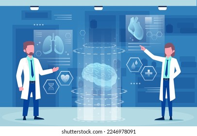 Medical holographic scene . Doctor is diagnose by health technology with patient body scan . Augmented Reality concept . Vector .