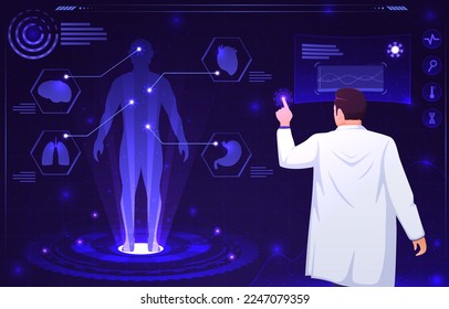 Medical holographic scene . Doctor is diagnose by health technology with patient body scan . Augmented Reality concept . Vector .