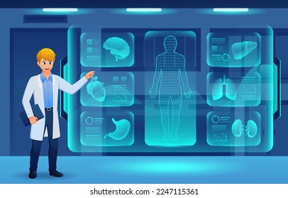 Medical holographic scene . Doctor is diagnose by health technology with patient body scan . Augmented Reality concept . Vector .