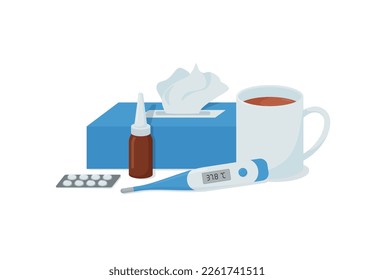 Medical home remedies for cold or flu treatment, flat vector illustration isolated on white background. Medical preparations for patients with flu or influenza.